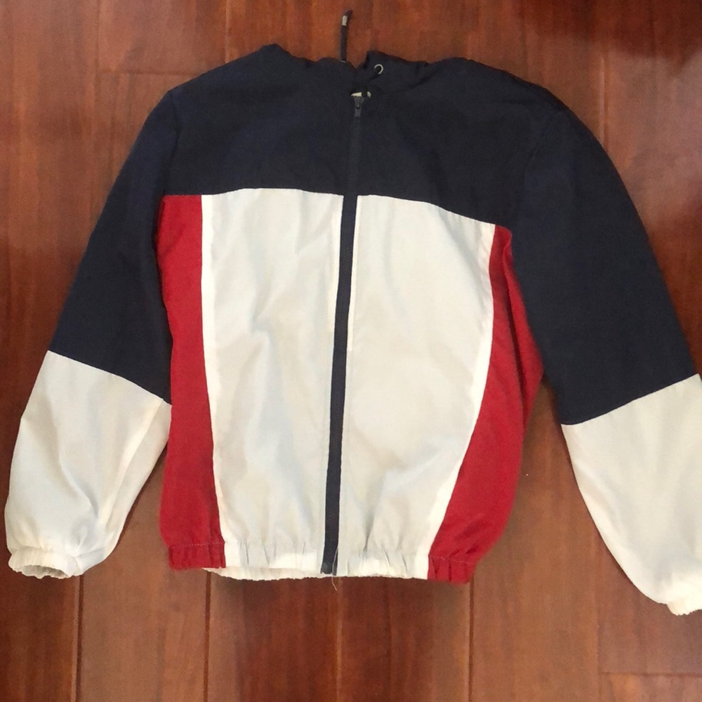 red, white, & blue windbreaker jacket